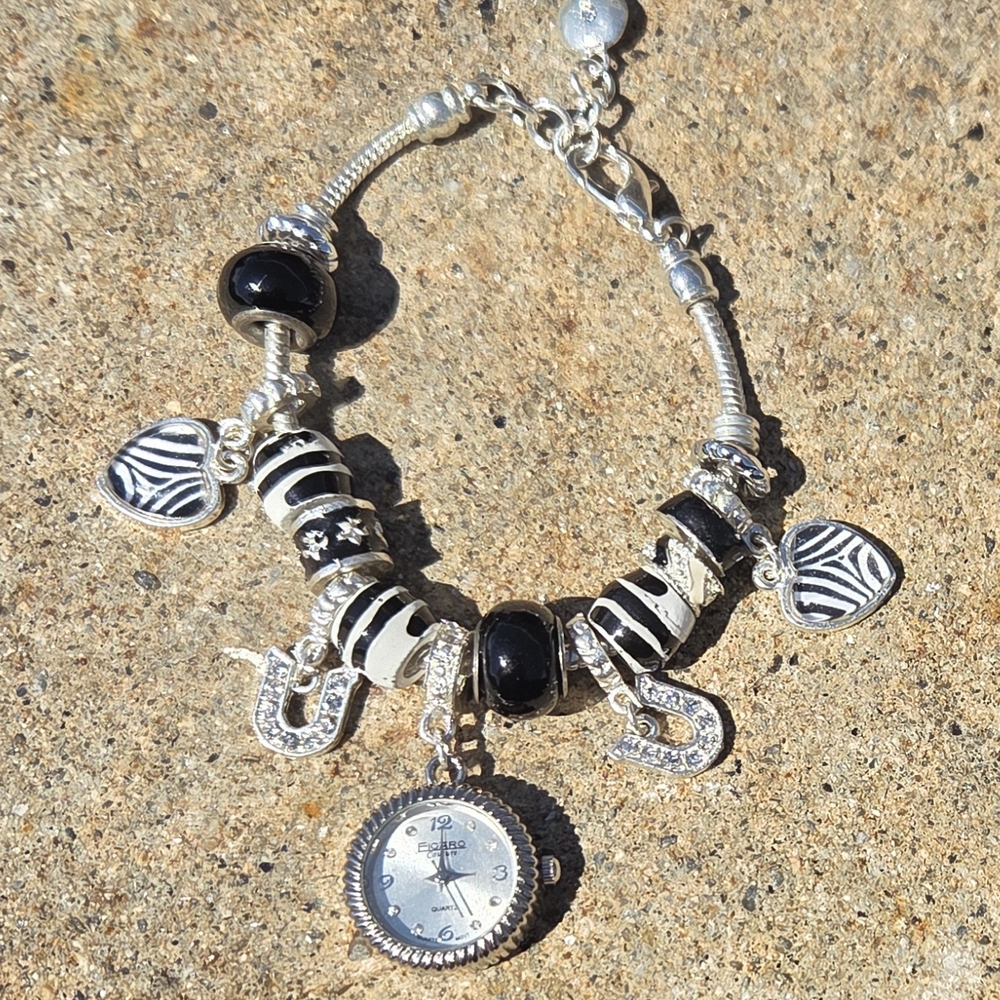 Silver and Black Charm Bracelet Watch